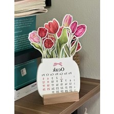 Esranın Dünyası 2026 Ahşap Ayaklı Mini Masaüstü Takvim - Lale Çiçek Buketi Tasarımı