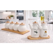 Kitchen Pembelia 8 Parça Porselen Bambu Standlı 2’li Papatya Yağdanlık ve Bsmbu Standlı 4’lü Baharatlık Seti