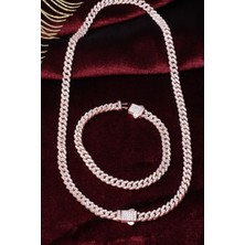 By Barun Kalın Zincir Kolye Bileklik Set 925 Ayar Gümüş Zirkon Taş Rose Zincir Set