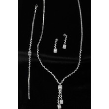 By Barun Baget Kare Kolye Küpe Bileklik Set 925 Ayar Zirkon Taşlı Abiye Düğün Kına Nişan Su Yolu Gümüş Zincir Set ST-0008