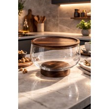 Borosilikat Cam Lüks  Akasya Kapaklı ve Akasya Ayaklı Cam Kase - Sunumluk-Salata Kasesi 20  cm Düz