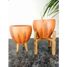 Esranın Dünyası Siyah Çizgi Desenli 15 cm Ikili Set Terrakota Saksı