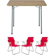 Esranın Dünyası Kırmızı 60X80 Çam Katlanır Masa ve 3 Adet Sandalye Kamp Seti
