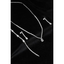 By Barun Baget Kare Kolye Küpe Bileklik Set 925 Ayar Zirkon Taşlı Abiye Düğün Kına Nişan Su Yolu Gümüş Zincir Set