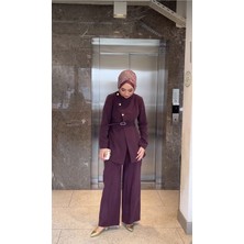 Kemer Detaylı Düğmeli Ikili Takım – Mürdüm