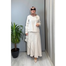 Clande Aksesuarlı Keten Bluz Etek Takım Taş 2601-2023 (3045)