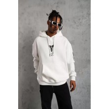 Ulak Handmader Unisex Sırt Baskılı Kapüşonlu Üç Iplik Oversize Sweatshirt - Beyaz