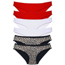 6 Adet Likralı Kadın Slip Külot Leopar Kırmızı Beyaz