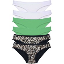 6 Adet Likralı Kadın Slip Külot Leopar Beyaz Yeşil