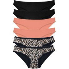 6 Adet Likralı Kadın Slip Külot Leopar Siyah Pudra