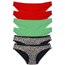 6 Adet Likralı Kadın Slip Külot Leopar Kırmızı Yeşil