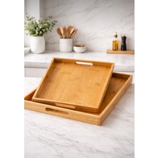 Kitchen Pembelia 100% Bambu 2’li Tepsi Seti Büyük Tepsi 39X28X4 Küçük Tepsi 34X22X4CM Sunum Tepsi