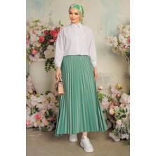 Zarif ve Modern Pileli Parlak Krep Gizli Lastikli Mint Etek ( Lisinya )