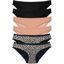 6 Adet Likralı Kadın Slip Külot Leopar Siyah Ten