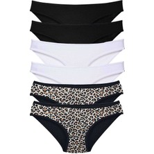6 Adet Likralı Kadın Slip Külot Leopar Siyah Beyaz
