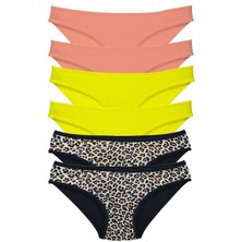 6 Adet Likralı Kadın Slip Külot Leopar Pudra Sarı