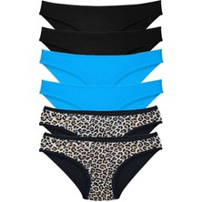 6 Adet Likralı Kadın Slip Külot Leopar Siyah Mavi