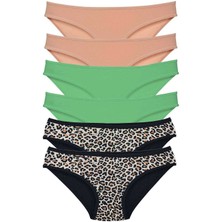 6 Adet Likralı Kadın Slip Külot Leopar Ten Yeşil