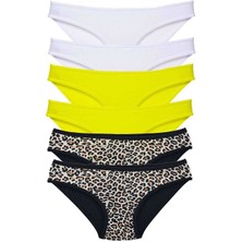 6 Adet Likralı Kadın Slip Külot Leopar Beyaz Sarı