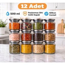 Kitchen Pembelia 12’li Metal Vakum Kapaklı 500 ml Cam Baharatlık Saklama Kabı Bakliyat Kavanoz Erzak Kabı Etiketli