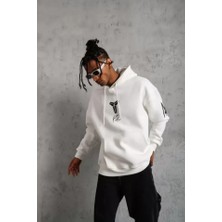 Meğdaix Unisex Sırt Baskılı Kapüşonlu Üç Iplik Oversize Sweatshirt - Beyaz