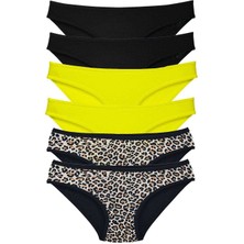 6 Adet Likralı Kadın Slip Külot Leopar Siyah Sarı