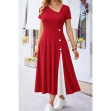 Kendim Fashion Kadın Kısa Kollu Asimetrik Yakalı Düğme Detaylı Midi Viskon Elbise