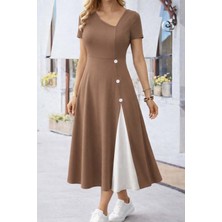 Drgy Kadın Kısa Kollu Asimetrik Yakalı Düğme Detaylı Midi Viskon Elbise