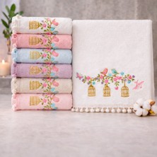 Beğenal 6'lı Kadife Ponponlu Flora Light Kafes Nakışlı El-Yüz Havlu Seti (50 X90 Cm)