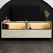 Modatte Mobilya MODATTE Ekol Siyah Demir Ayaklı Rgb LED Işık Sistemli Traverten Tv Ünitesi Tv Sehpası