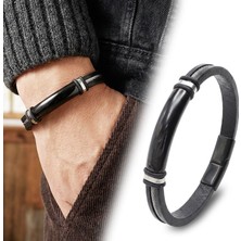 Fm 💎 Premium İsim Yazılabilir Çelik Halatlı Deri Ve Siyah Titanyum Kilit Bileklik 31833B15D1 - 21 cm