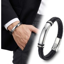 Fm 💎 Premium İsim Yazılabilir Siyah Deri Ve Beyaz Titanyum Kilit Bileklik 31833B15D3 - 21 cm