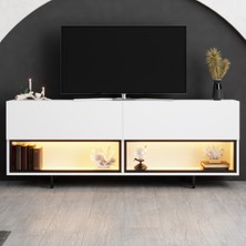 Ekol Siyah Demir Ayaklı Rgb LED Işık Sistemli Beyaz Tv Ünitesi Tv Sehpası