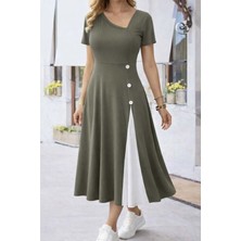 Bi Baksana Kadın Kısa Kollu Asimetrik Yakalı Düğme Detaylı Midi Viskon Elbise