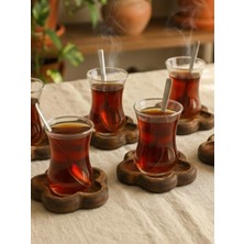 Ahşap Teslim Çiçek Formlu Doğal Ahşap Çay Bardak Altlığı 6'lı Set-Ceviz Rengi