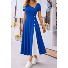 Drgy Kadın Kısa Kollu Asimetrik Yakalı Düğme Detaylı Midi Viskon Elbise