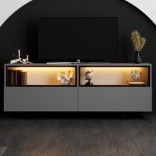 Ekol Siyah Demir Ayaklı Rgb LED Işık Sistemli Antrasit Tv Ünitesi Tv Sehpası