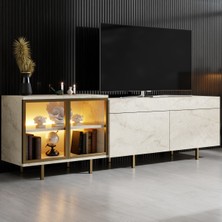 Modatte Mobilya MODATTE Vienna Gold Demir Ayaklı Rgb LED Işık Sistemli Traverten Tv Ünitesi Tv Sehpası