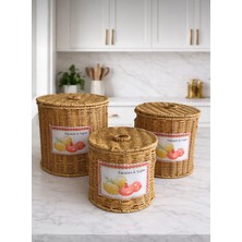 Kitchen Pembelia 3’lü Patates Soğan Sarımsak Sepeti Seti Rattan Dekoratif ve Düzenleyici Kapaklı Sebzelik Sepet