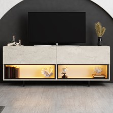 Modatte Mobilya MODATTE Ekol Siyah Demir Ayaklı Rgb LED Işık Sistemli Traverten Tv Ünitesi Tv Sehpası