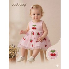 Vavbaby Kiraz Nakışlı Tül Detaylı Bebek Elbisesi Pembe