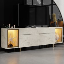 Zenith Gold Demir Ayaklı Rgb LED Işık Sistemli Traverten Tv Ünitesi Tv Sehpası