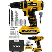 SCREX 12V Metal Şanzıman Çift Akülü Darbeli Şarjlı Matkap 24 Parça Akülü Vidalama Akülü Matkap Seti
