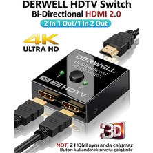 Derwell 2 Port 4K Ultra Hd Çift Yönlü HDMI Switch Splitter Ekran Monitör Görüntü Çoklayıcı Çoğaltıcı Adaptör Çift Cihaz Tek Ekran Switch Üniversal HDMI Adaptör