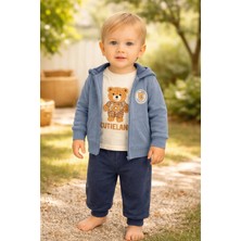 Almira Anne Bebek Erkek Bebek Kapşonlu Hırkalı Ayıcık Baskılı Sweat Takım