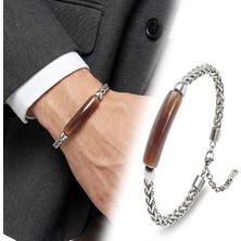 Fm 💎 Premium Kahve Akik Doğal Taşlı Ve Ayarlanabilir Çelik Zincir Bileklik 31832B15D10  -  23 cm