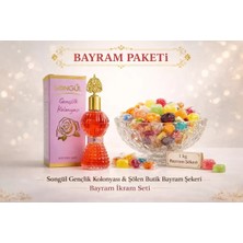 Karia Songül Gençlik Kolonyası ve 1 kg Şölen Bayram Şekeri Paketi | Karışık Sert ve Meyve Aromalı Jöle Şeker Misafir Ikram Seti