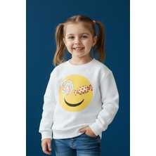 Evavi Kız Çocuk Şeker Baskılı Bisiklet Yaka Beyaz Sweatshirt