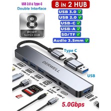 Derwell 8 Port Usb/type-C Çevirici Çoklayıcı 8 In 2 Hub USB 2.0 USB 3.0 Type C Tf/sd Kart Okuyucu Audio 3.5 Çoğaltıcı Adaptör Hepsi 1 Arada Çevirici USB Hub Adapter