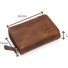 Westpolo Hakiki Eskitme Deri Fermuarlı Unisex Akordeon Kartlık - Taba